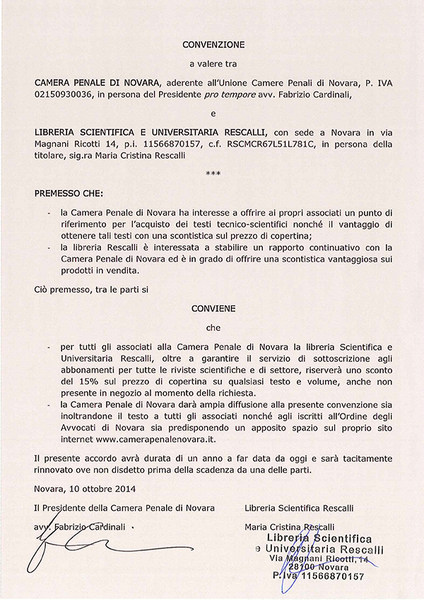Convenzione tra la Camera Penale di Novara e la Libreria Scientifica e Universitaria Rescalli di Novara.