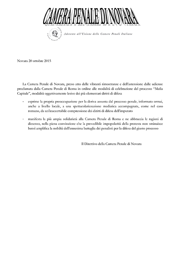 Comunicato della Camera Penale di Novara in data 20 ottobre 2015.