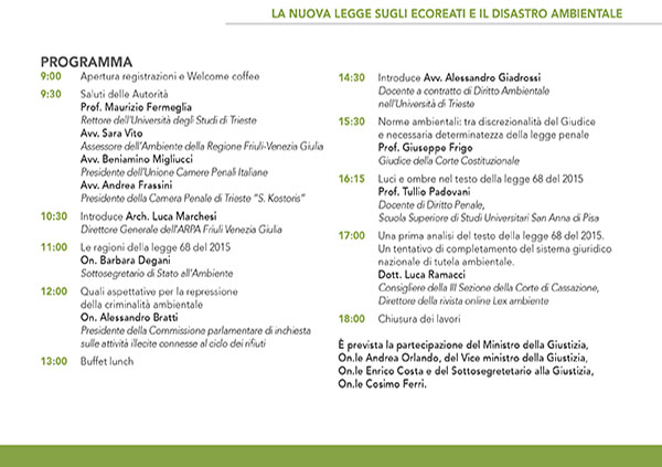 Convegno “La nuova legge sugli ecoreati e il disastro ambientale”, organizzato dalla Camera Penale di Trieste