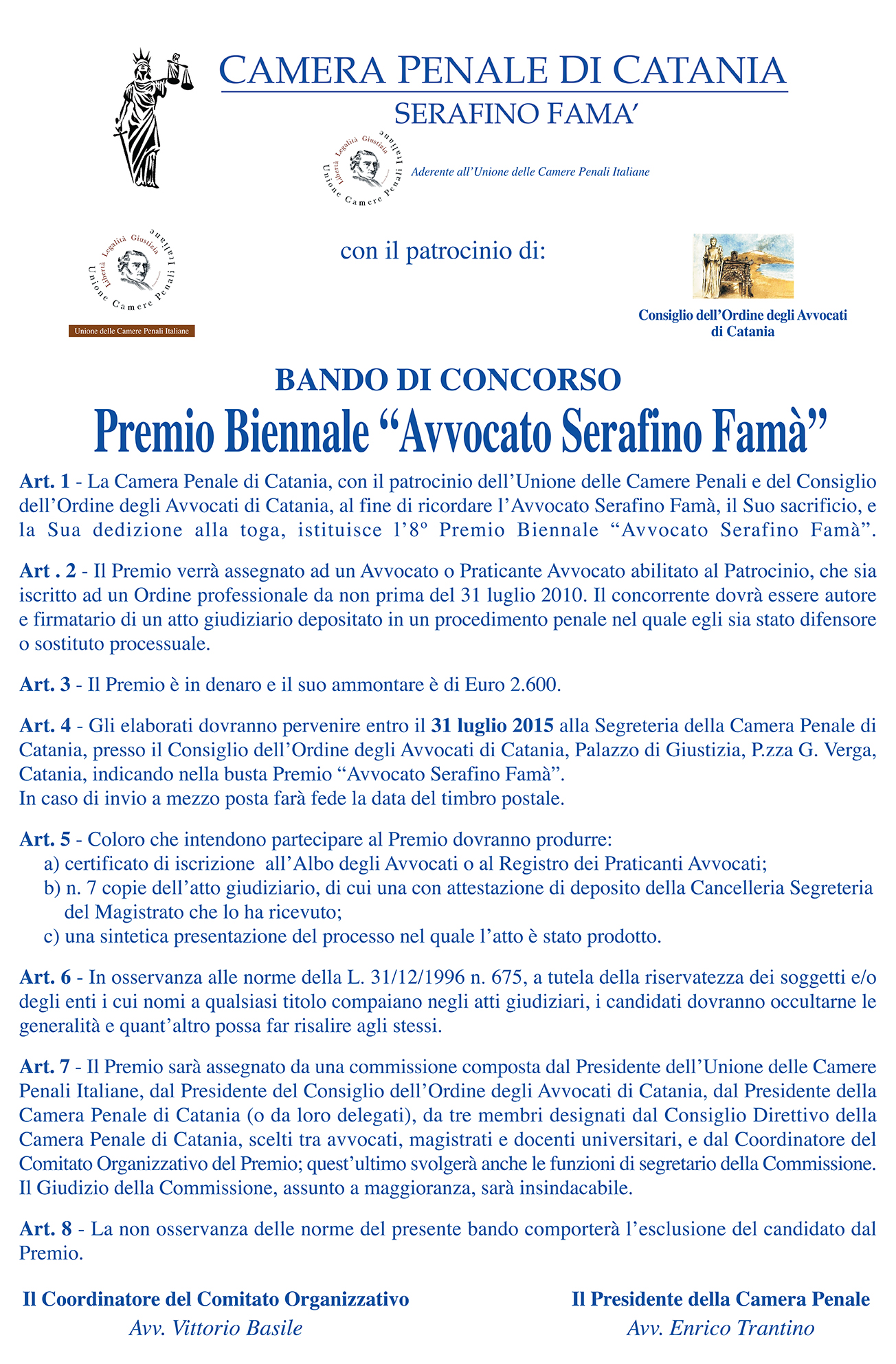 Bando di concorso al Premio biennale 'Avvocato Serafino Famà'.